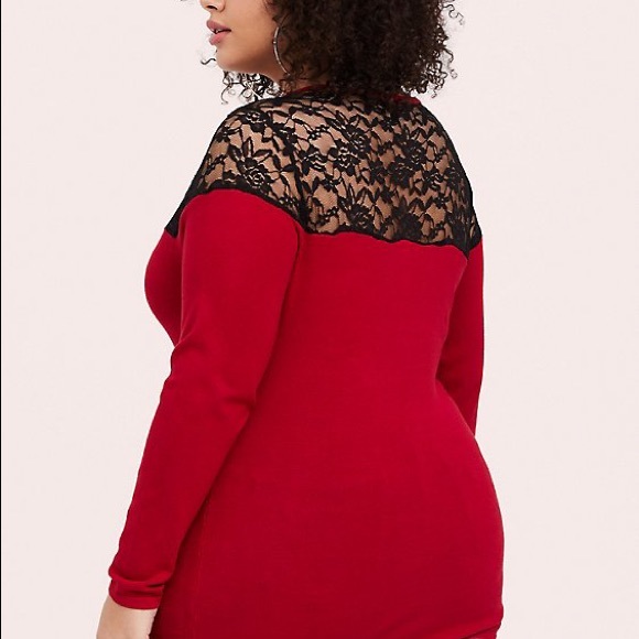 RED SWEATER-KNIT & LACE YOKE TOP - Picture 3 of 4